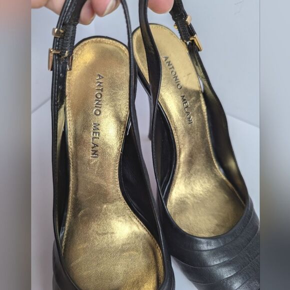 Antonio Melani Pleated Black Leather Peep Toe Slingback Heels Womens 9 - Picture 8 of 9